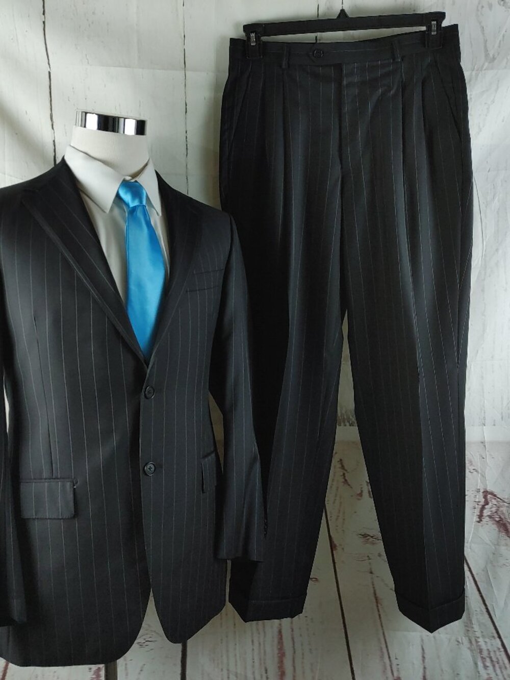 Paul Betenly Nico 38R Wool Black Striped Stitched Lapel 2pc Suit Pleated 32x30.5